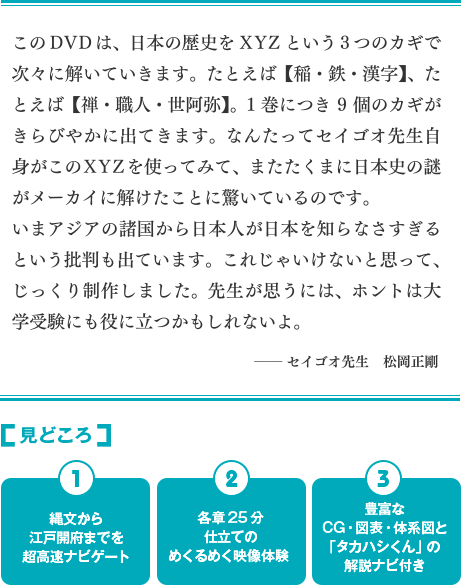 このDVDは、日本の歴史をXYZという3つのカギで次々に解いていきます。たとえば【稲・鉄・漢字】、たとえば【禅・職人・世阿弥】。１巻につき９個のカギがきらびやかに出てきます。なんたってセイゴオ先生自身がこのXYZを使ってみて、またたくまに日本史の謎がメーカイに解けたことに驚いているのです。いまアジアの諸国から日本人が日本を知らなさすぎるという批判も出ています。これじゃいけないと思って、じっくり制作しました。先生が思うには、ホントは大学受験にも役に立つかもしれないよ。ーセイゴオ先生　松岡正剛